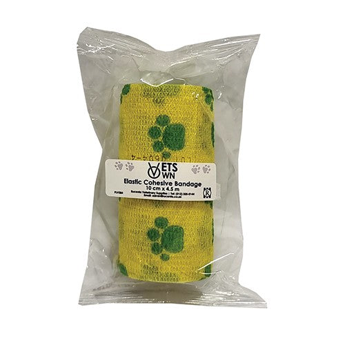 Vets Own Cohesive Band 10cmx4.5m Yellow Paw 1