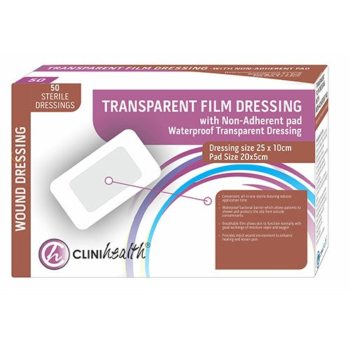 Dressing Transparent Film & Pad Clinihealth 25X10cm 50