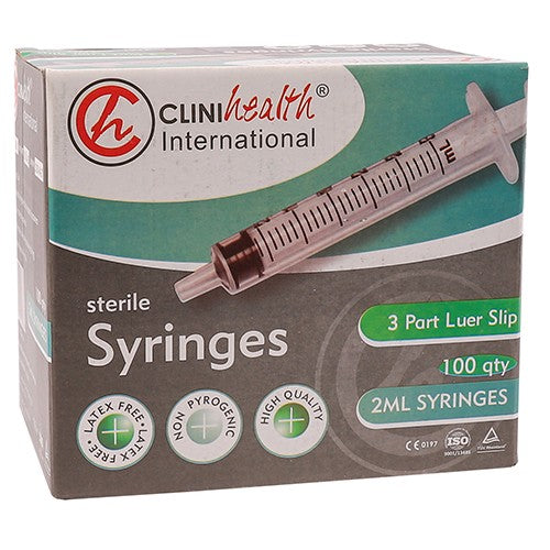 Syringes 2ml 3 Part Luer Slip Clinihealth 100