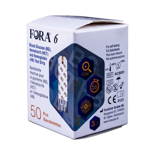 Fora 6 3-In-1 Strips 50 Glucose/ Hematocrit/ Hemoglobin