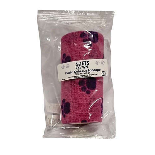 Vets Own Cohesive Band 10cmx4.5m Pink Paw 1
