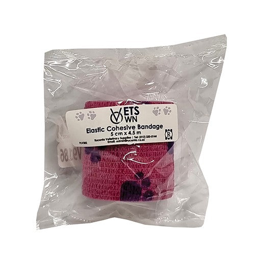 Vets Own Cohesive Band 5cmx4.5m Pink Paw 1