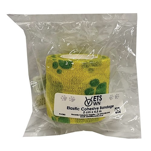 Vets Own Cohesive Band 5cmx4.5m Yellow Paw 1