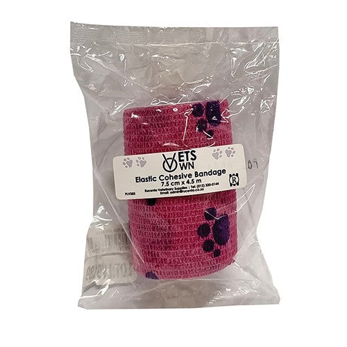 Vets Own Cohesive Band 7.5cmx4.5m Pink Paw 1
